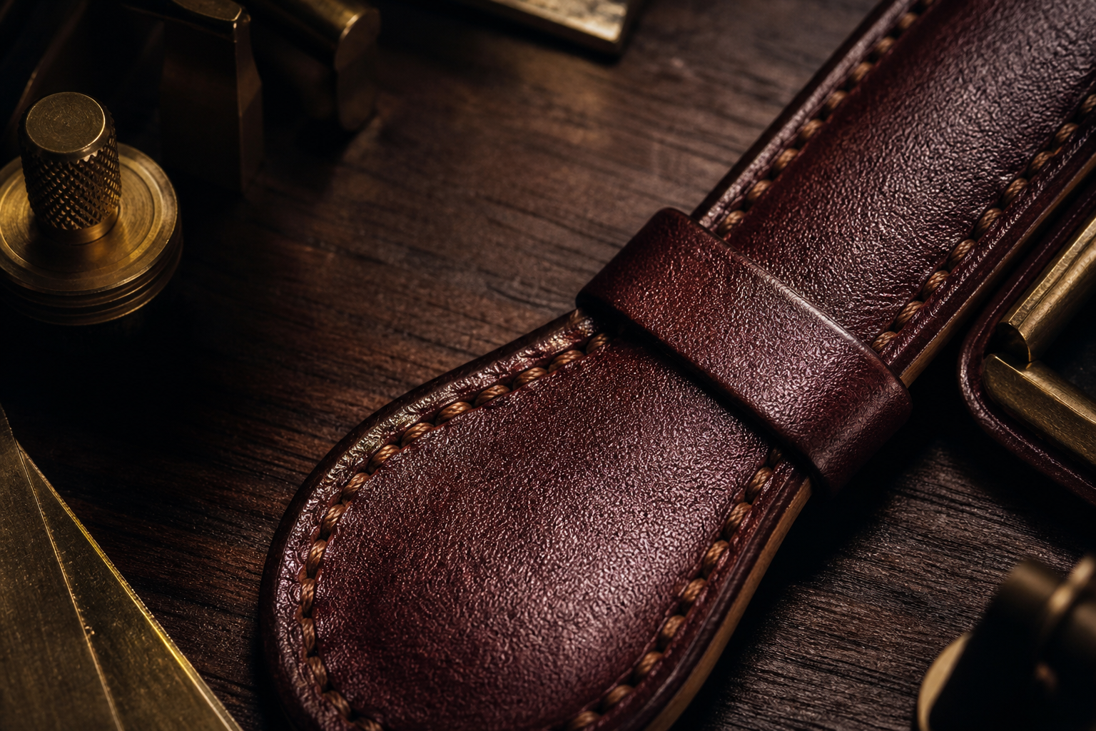 Accessoire cuir raffiné, couture de précision et détail de matière