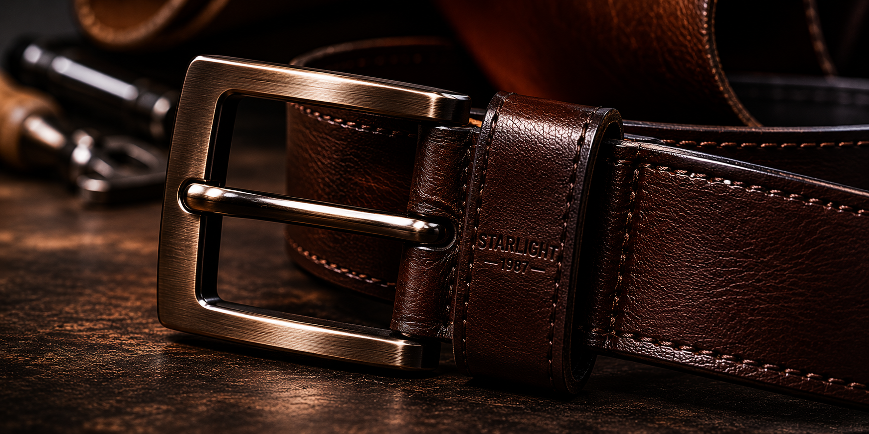Ceinture en cuir pleine fleur, tranche brunie et quincaillerie