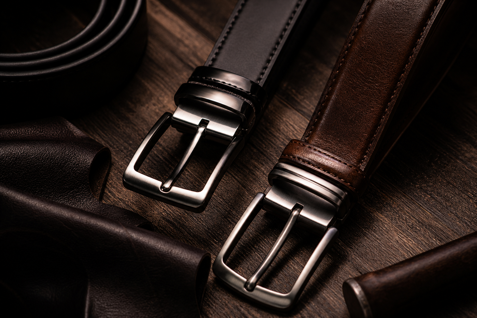 Ceintures cuir artisanal sur bois de noyer sombre, boucles métal poli, lumière chaude cinématographique, photographie éditoriale premium