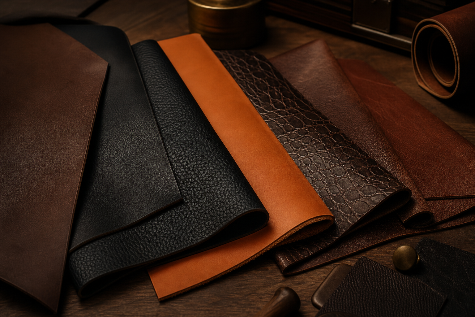Échantillons de cuir haut de gamme côte à côte — lisse brun, grainé noir, camel, embossé — lumière chaude d'atelier de maroquinerie