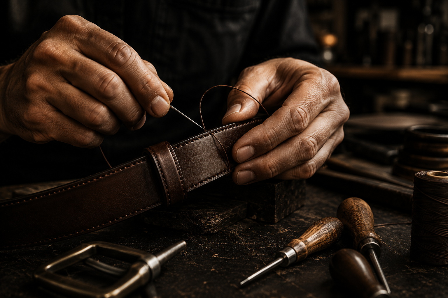 Mains d'artisan cousant une sangle en cuir, lumière ambrée et contraste cinématographique