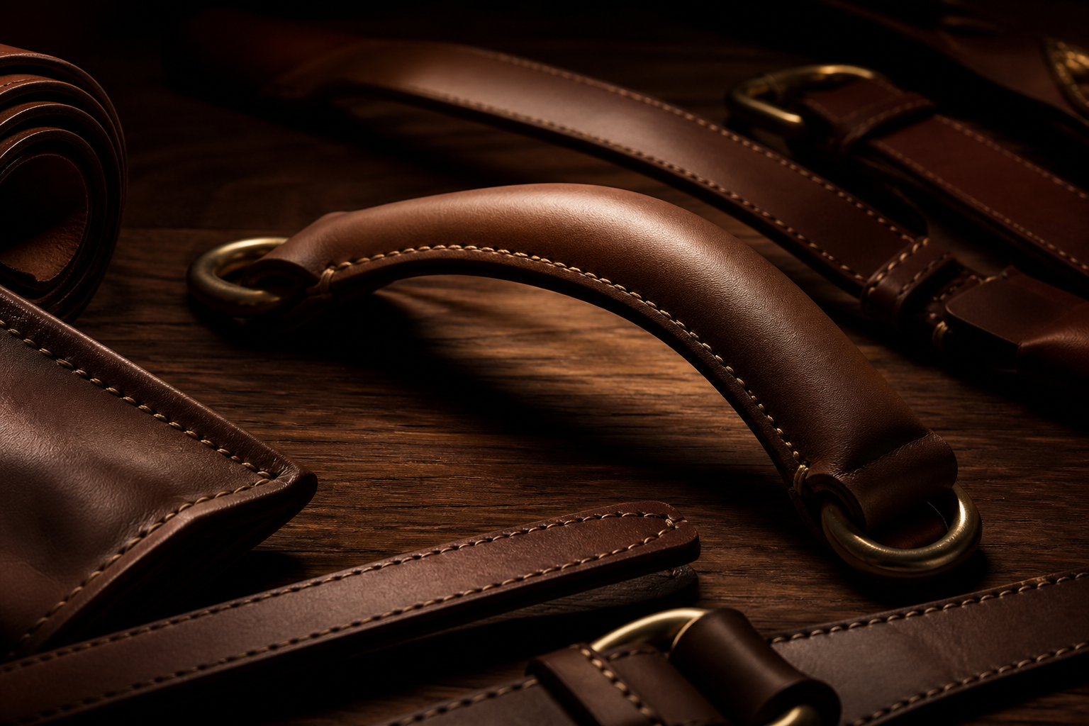 Sangles et anses en cuir, couture et grain en gros plan, finition artisanale