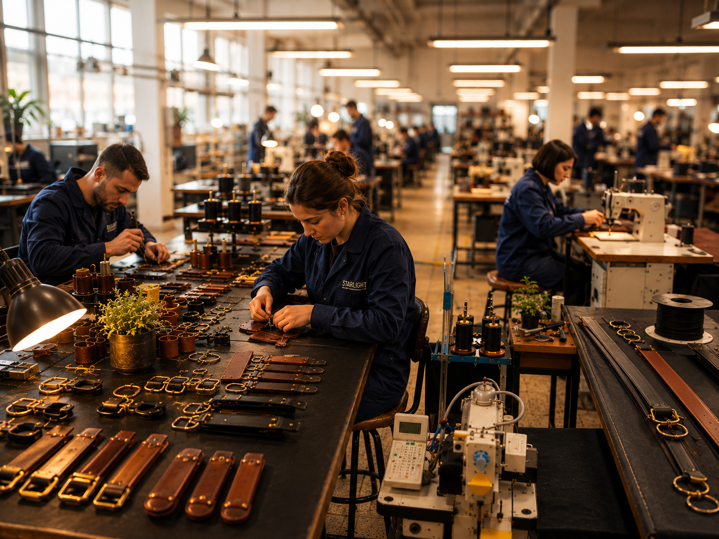Usine Starlight Leather Manufacturing depuis 1987, établis, machines à coudre et rouleaux de cuir