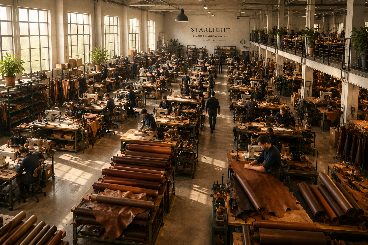 Intérieur d'atelier cuir silencieux, établis, outils de coupe et rouleaux de peau, lumière chaude à travers les fenêtres industrielles